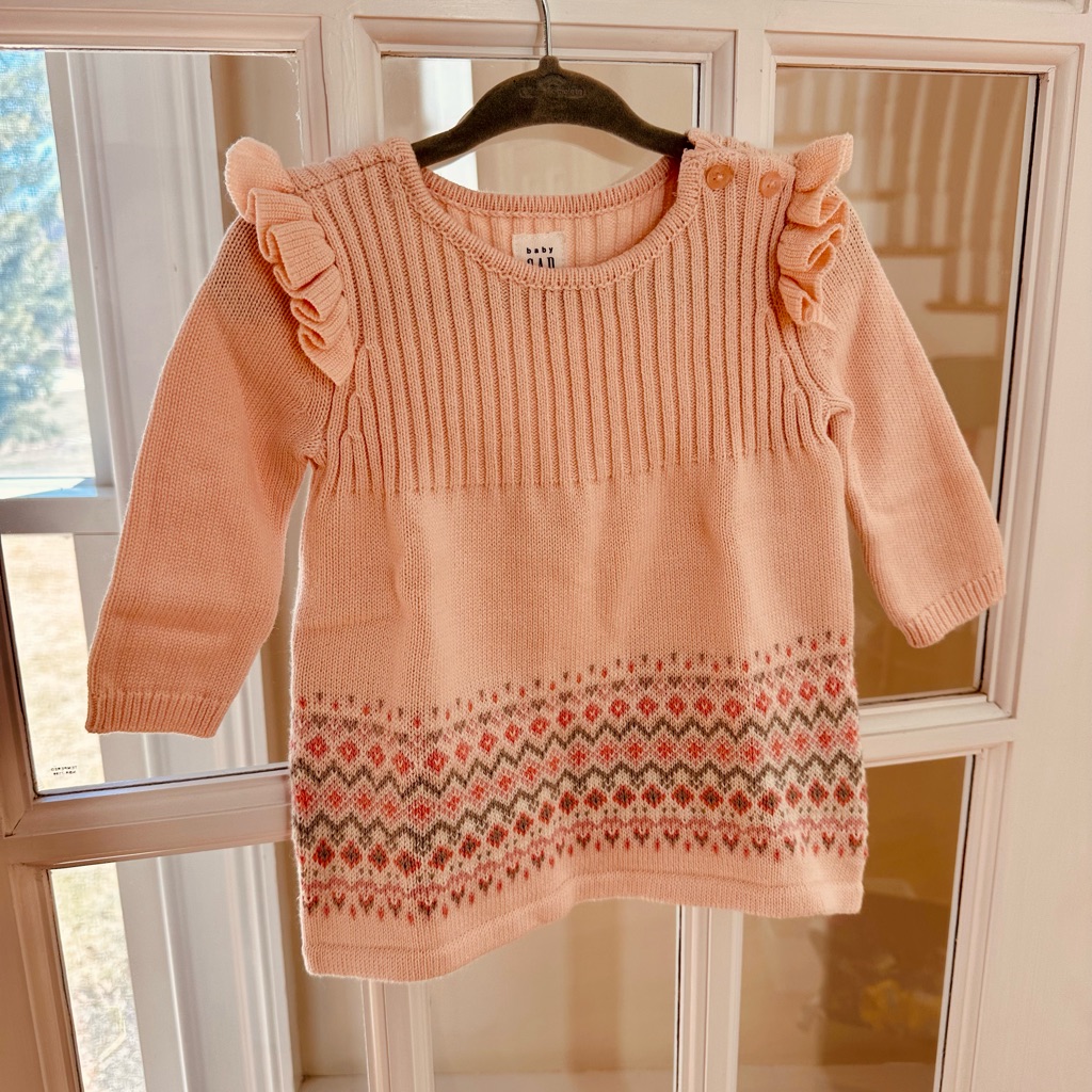 Baby Gap- Light Pink Knit Kids Fair Isle Sweater Dress 3-6 Mo 100% Cotton